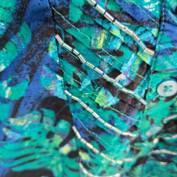 Catherines Black Blue Green Tropical Plant Beaded Buttons Cotton Tank 4x 30/32W - Picture 6 of 14